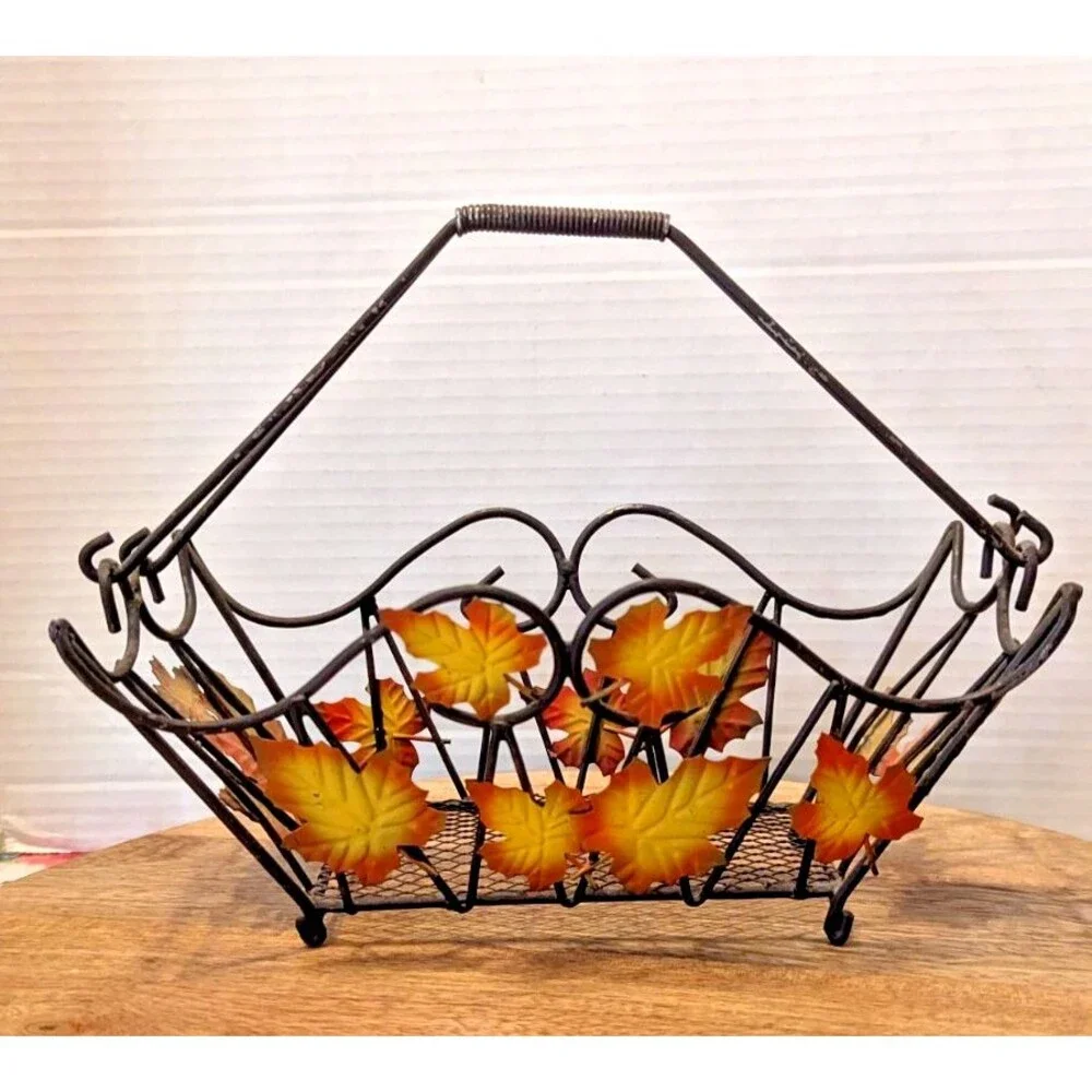 Autumn Wire Basket Tin and Handle Maple Leaves Orange Yellow Brown Scrolled NEW